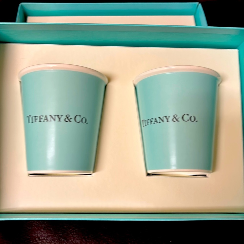 Tiffany & Co Two Coffee Cups Bone China In Box. Box not in perfect condition.